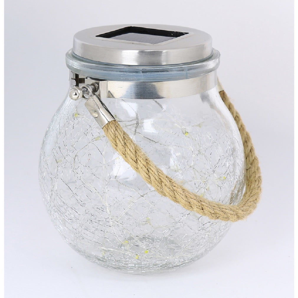 Feit Solar Fixtures 3.7 in. Solar Power Glass Round Coach Lantern Clear Crackle Jar w/Fairy Lights