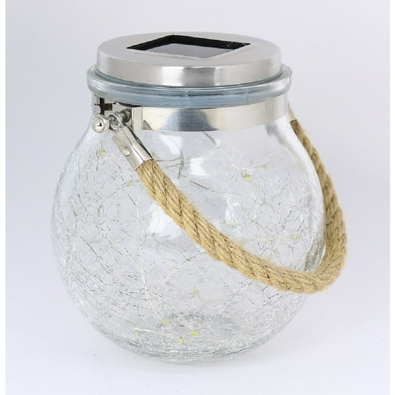 Feit Solar Fixtures 3.7 in. Solar Power Glass Round Coach Lantern Clear Crackle Jar w/Fairy Lights