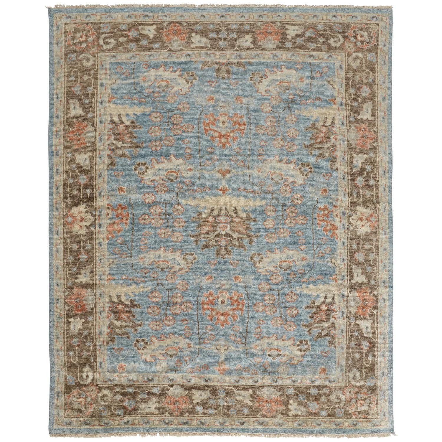 Hand-Knotted Blue and Brown Wool Rectangular Area Rug