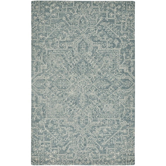 Feizy Belfort Transitional Medallion, Blue/Ivory/Green, 2' x 3' Accent Rug Easy Care Stain Resistant Water Resistant Vintage Damask Design Carpet for Living Dining Bed Room