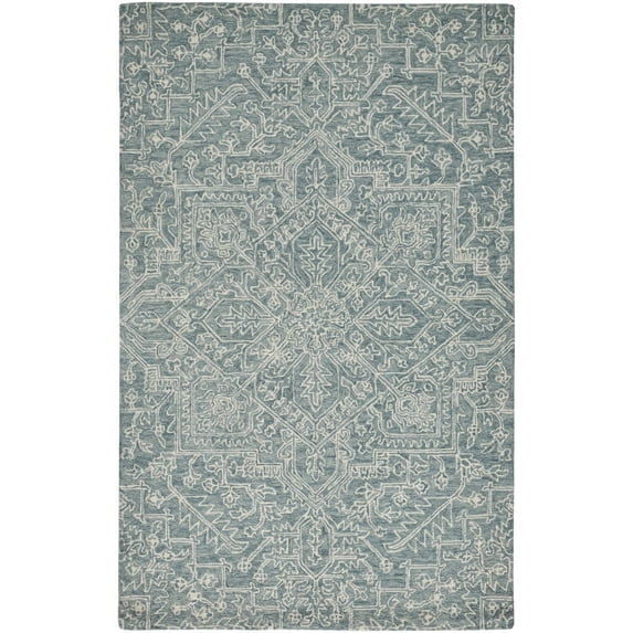 Feizy Belfort Transitional Medallion, Blue/Ivory/Green, 8' x 10' Area Rug Easy Care Stain Resistant Water Resistant Vintage Damask Design Carpet for Living Dining Bed Room