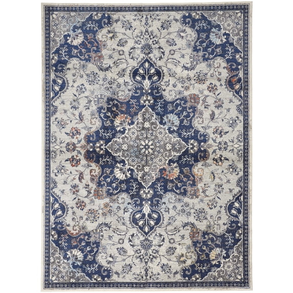 Feizy Bellini Transitional Medallion, Gray/Ivory/Blue, 1'6" x 1'6" Swatch Easy Care Stain Resistant Fade Resistant Bohemian & Eclectic Persian Design Carpet for Living Dining Bed Room