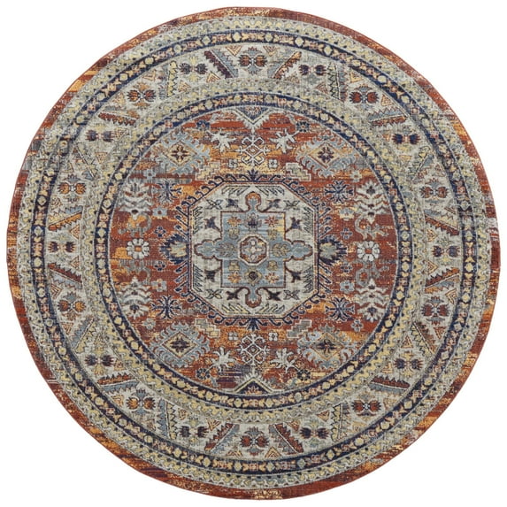 Feizy Bellini Transitional Medallion, Red/Orange/Ivory, 7'10" x 7'10" Round Rug Easy Care Stain Resistant Fade Resistant Casual Distressed Floor Rug for Living room Bedroom