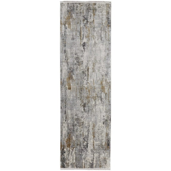 Feizy Cadiz Modern Abstract, Ivory/Gray/Gold, 3'1" x 10' Runner Sheen Casual Watercolor Floor Rug for Living room Bedroom