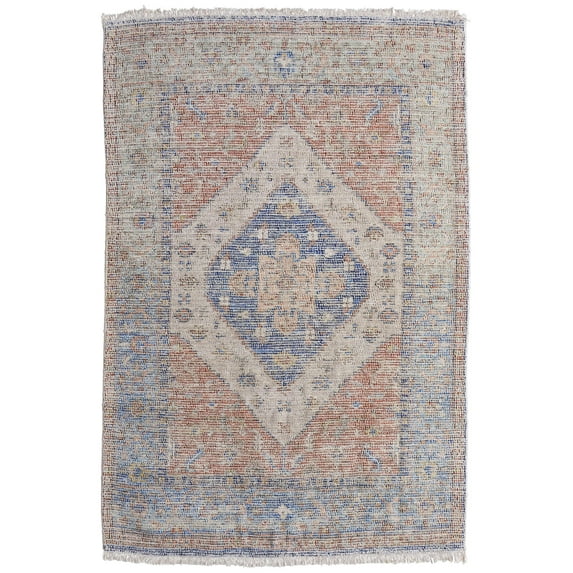 Feizy Caldwell Transitional Distressed, Ivory/Blue/Red, 2' x 3' Accent Rug Handmade Sheen Bohemian & Eclectic Medallion Design Carpet for Living Dining Bed Room