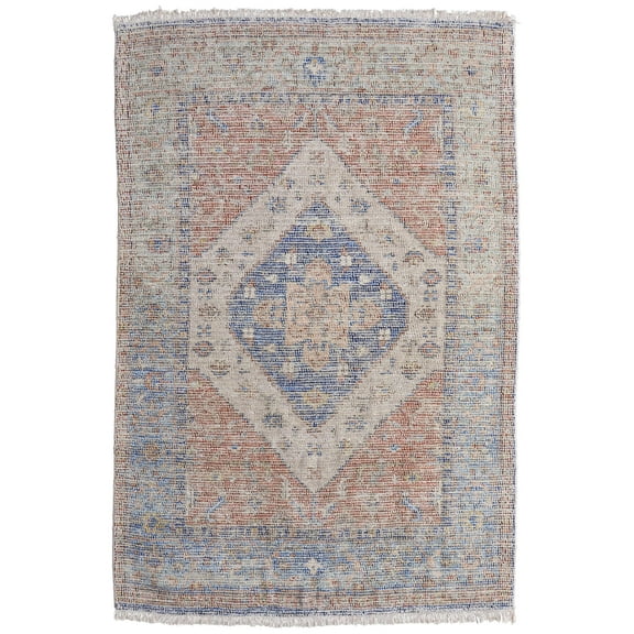 Feizy Caldwell Transitional Distressed, Ivory/Blue/Red, 2' x 3' Accent Rug Handmade Sheen Bohemian & Eclectic Medallion Design Carpet for Living Dining Bed Room