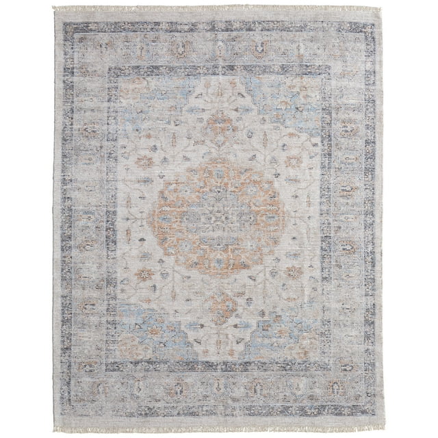 Feizy Caldwell Transitional Medallion, Ivory/Blue/Orange, 1'6" x 1'6" Swatch Handmade Sheen Bohemian & Eclectic Floral & Botanical Design Carpet for Living Dining Bed Room