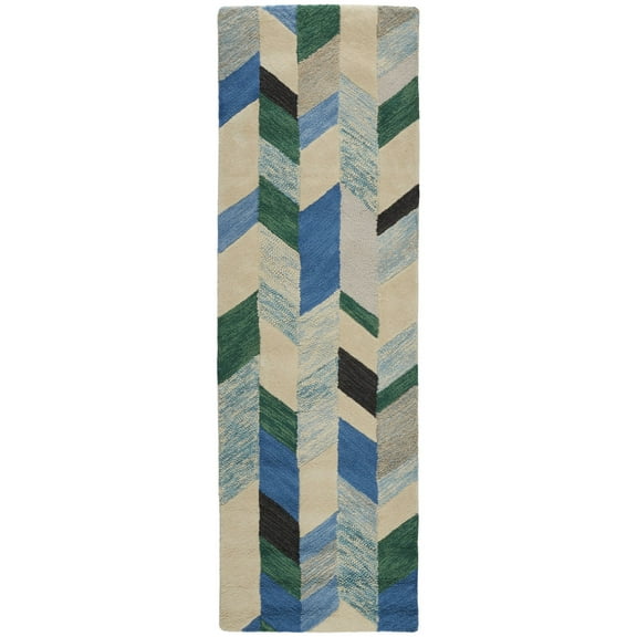 Feizy Caspian Transitional Chevron, Ivory/Blue/Green, 2'6" x 8' Runner Stain Resistant Kid Friendly Handmade Mid-Century Modern Geometric Floor Rug for Living room Bedroom