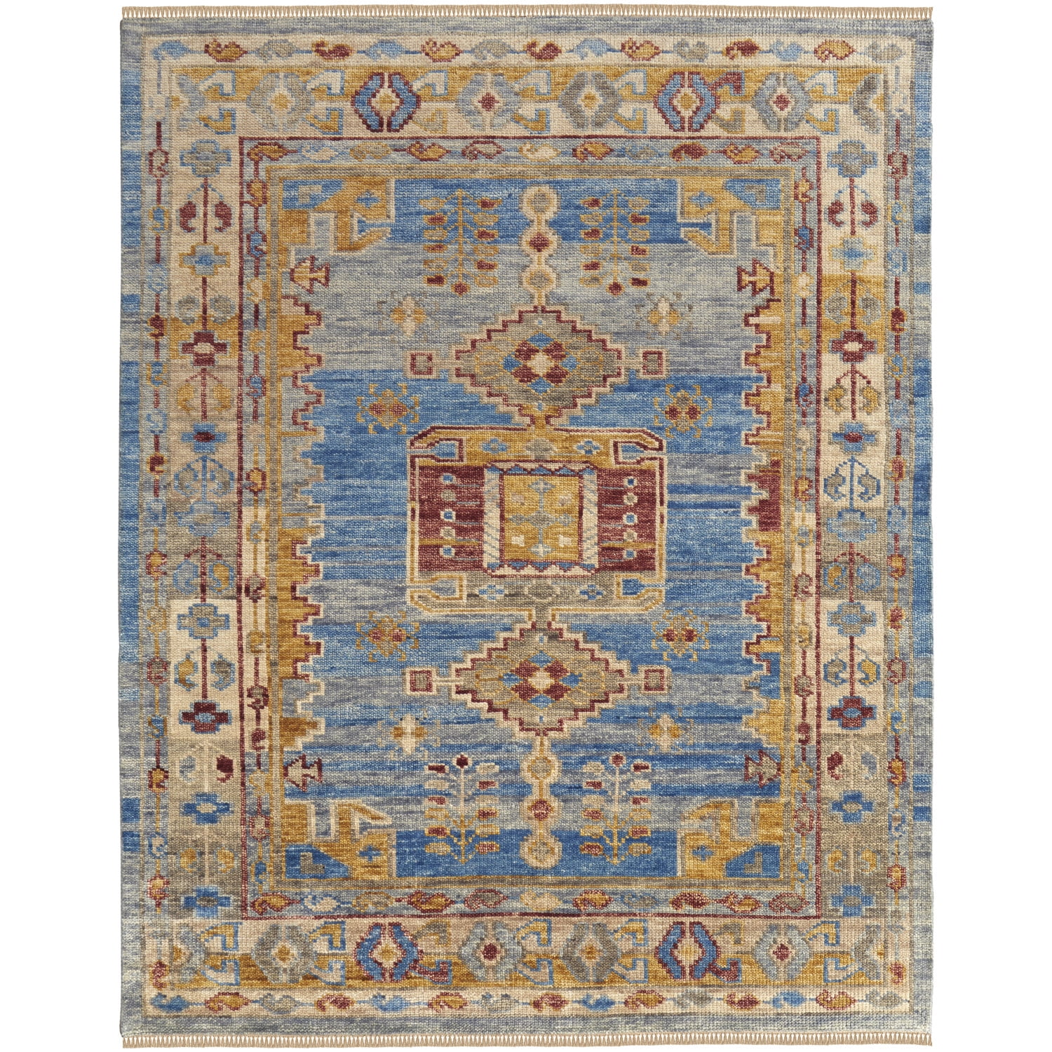 Hand-Knotted Blue and Multicolor Wool Rectangular Area Rug
