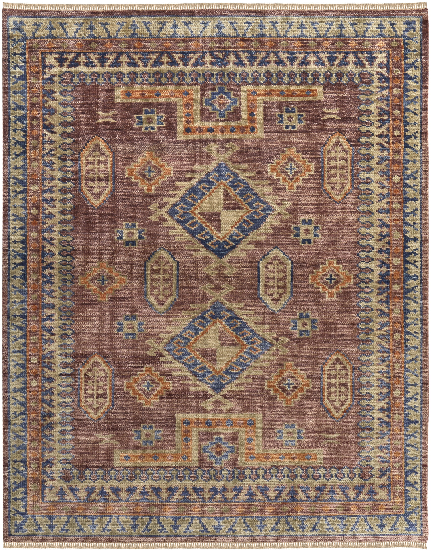 Hand-Knotted Red Wool Square Rug with Geometric Patterns
