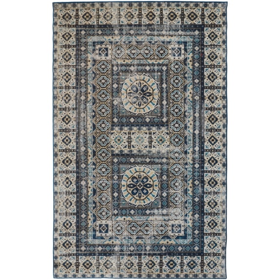 Feizy Home Collection 4.25' x 6.25' Blue and Beige Tribal Kazak Rectangular Area Throw Rug