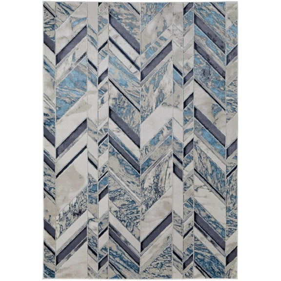 Feizy Indio Modern Herringbone, Ivory/Blue/Gray, 12' x 15' Area Rug Stain Fade Resistant Pet & Kid Friendly Casual Chevron Floor Rug for Living room Bedroom