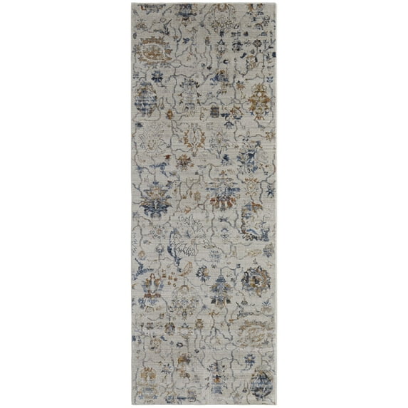 Feizy Kaia Transitional Floral & Botanical, Ivory/Orange/Blue, 3' x 8' Runner Sheen Casual Damask Floor Rug for Living room Bedroom