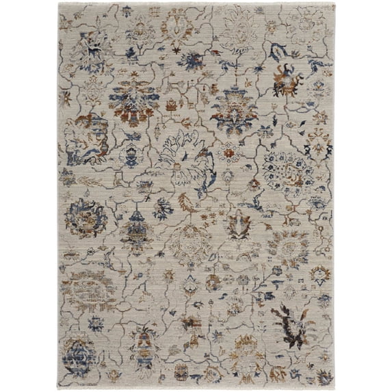 Feizy Kaia Transitional Floral & Botanical, Ivory/Orange/Blue, 7'10" x 9'6" Area Rug Sheen Casual Damask Floor Rug for Living room Bedroom