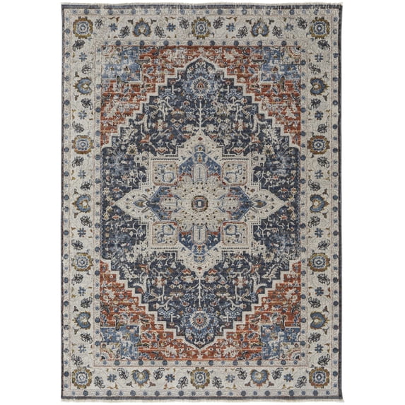 Feizy Kaia Transitional Medallion, Ivory/Blue/Red, 12' x 15' Area Rug Sheen Bohemian & Eclectic Persian Floor Rug for Living room Bedroom