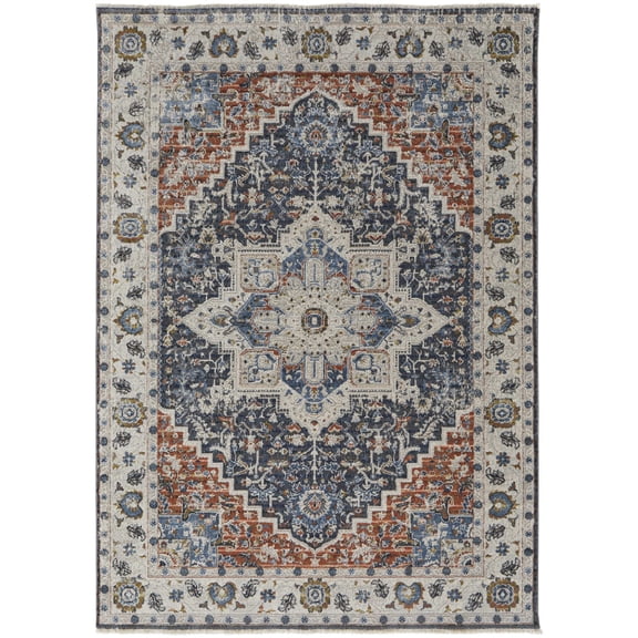 Feizy Kaia Transitional Medallion, Ivory/Blue/Red, 12' x 15' Area Rug Sheen Bohemian & Eclectic Persian Floor Rug for Living room Bedroom