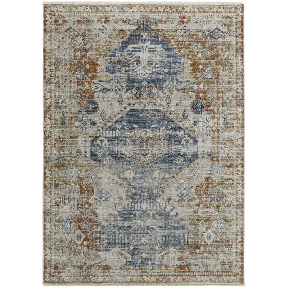 Feizy Kaia Transitional Medallion, Ivory/Orange/Blue, 1'6" x 1'6" Swatch Sheen Bohemian & Eclectic Distressed Design Carpet for Living Dining Bed Room