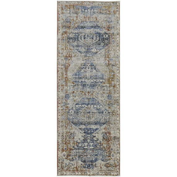Feizy Kaia Transitional Medallion, Ivory/Orange/Blue, 2'6" x 12' Runner Sheen Bohemian & Eclectic Distressed Floor Rug for Living room Bedroom