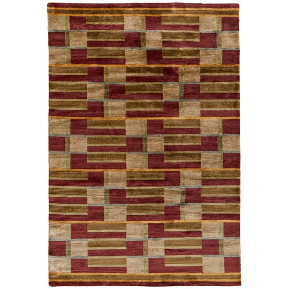 Feizy Keystone Transitional Stripes, Gold/Green/Red, 5'6" x 8'6" Area Rug Sheen Handmade Fade Resistant Casual Checkered Design Carpet for Living Dining Bed Room