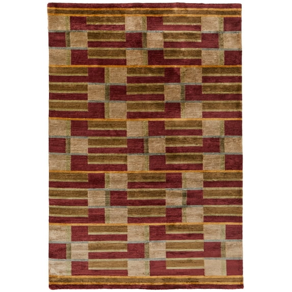 Feizy Keystone Transitional Stripes, Gold/Green/Red, 5'6" x 8'6" Area Rug Sheen Handmade Fade Resistant Casual Checkered Design Carpet for Living Dining Bed Room