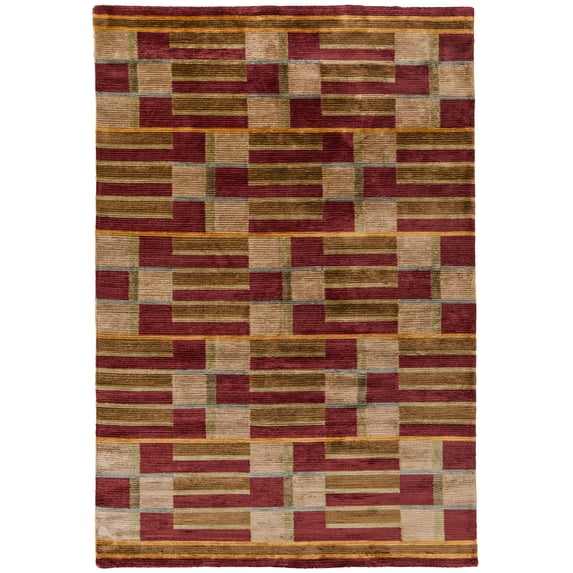 Feizy Keystone Transitional Stripes, Gold/Green/Red, 7'9" x 9'9" Area Rug Sheen Handmade Fade Resistant Casual Checkered Design Carpet for Living Dining Bed Room