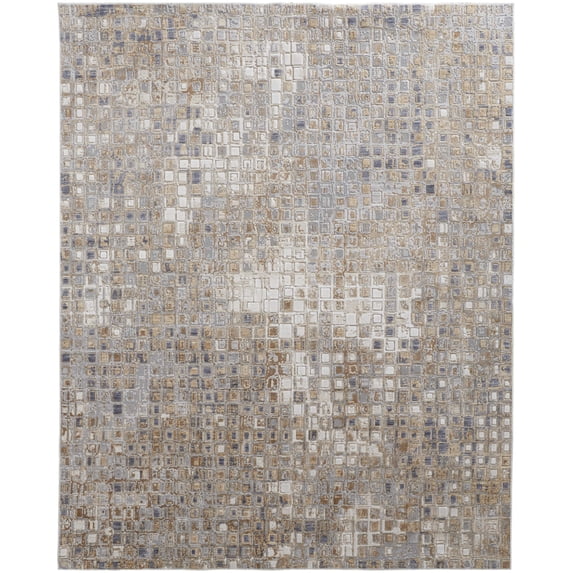 Feizy Laina Transitional Geometric, Tan/Ivory/Blue, 3' x 5' Accent Rug Easy Care Pet & Kid Friendly Stain Resistant Mid-Century Modern Distressed Floor Rug for Living room Bedroom