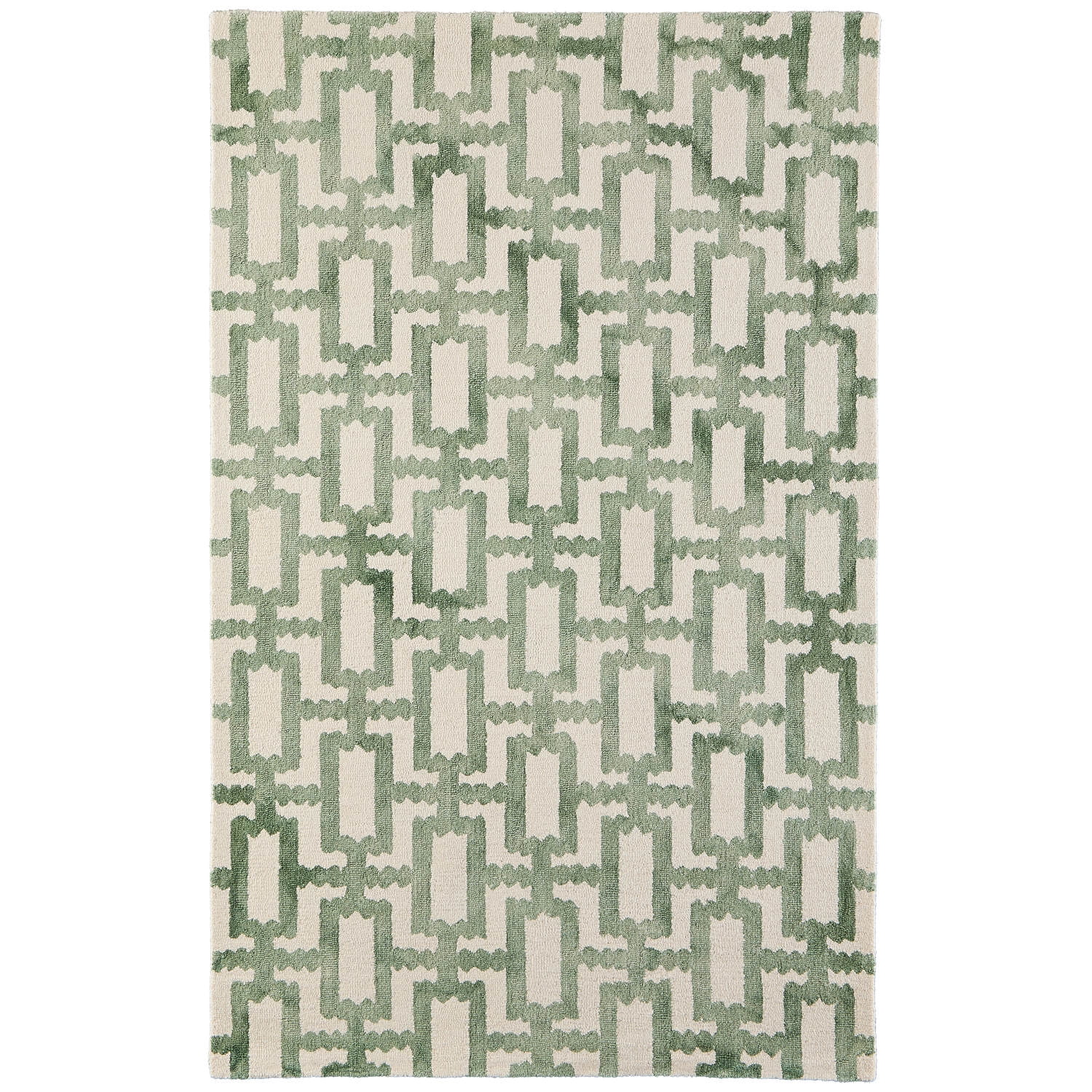Ivory and Green Geometric Wool 8' x 11' Area Rug