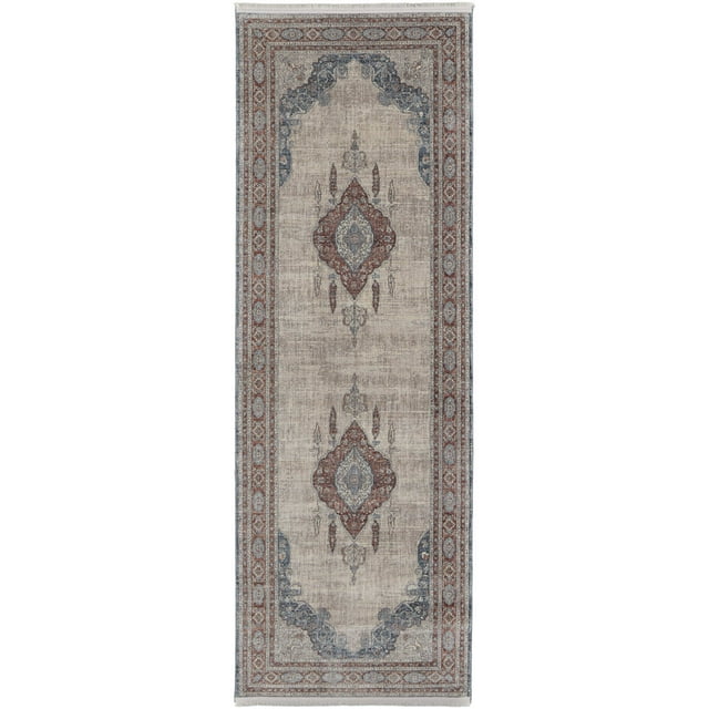 Feizy Marquette Transitional Medallion, Gray/Red/Blue, 2'8" x 8' Runner Stain Fade Resistant Pet & Kid Friendly Bohemian & Eclectic Oriental Floor Rug for Living room Bedroom