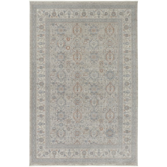 Feizy Marquette Transitional Oriental, Taupe/Silver/Blue, 6'7" x 9'10" Area Rug Stain Fade Resistant Pet & Kid Friendly Vintage Distressed Floor Rug for Living room Bedroom