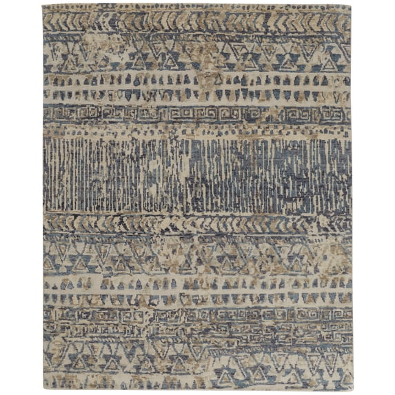 Feizy Palomar Transitional Geometric, Tan/Blue, 7'9" x 9'9" Area Rug Stain Fade Resistant Easy Care Farmhouse Floor Rug for Living room Bedroom
