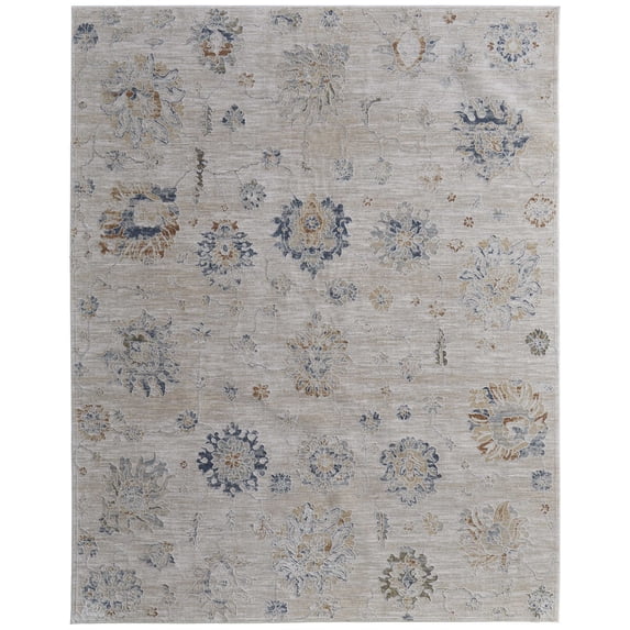 Feizy Pasha Transitional Floral & Botanical, Taupe/Ivory/Blue, 7'10" x 10'3" Area Rug Stain Resistant Pet & Kid Friendly Bohemian & Eclectic Distressed Floor Rug for Living room Bedroom
