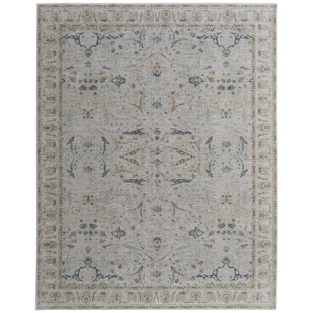 Feizy Pasha Transitional Ikat, Ivory/Blue/Taupe, 6'7" x 9'6" Area Rug Stain Resistant Pet & Kid Friendly Bohemian & Eclectic Distressed Floor Rug for Living room Bedroom
