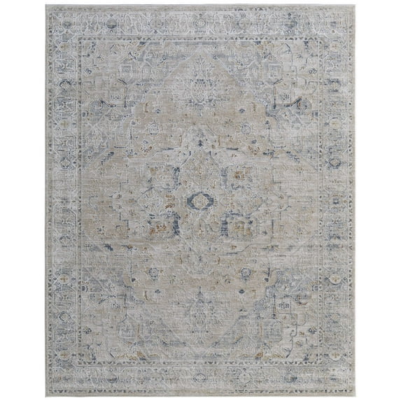 Feizy Pasha Transitional Medallion, Ivory/Taupe/Blue, 5' x 7'6" Area Rug Stain Resistant Pet & Kid Friendly Bohemian & Eclectic Distressed Floor Rug for Living room Bedroom