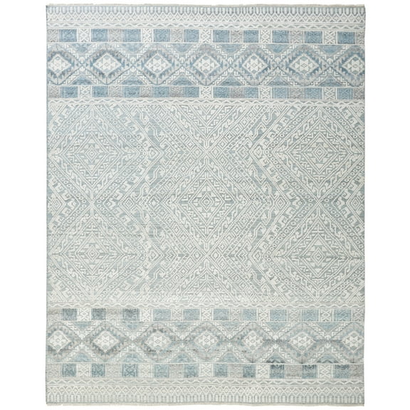 Feizy Payton Transitional Diamond, Ivory/Blue/Gray, 7'9" x 9'9" Area Rug Sheen Fade Resistant Farmhouse Trellis & Lattice Floor Rug for Living room Bedroom