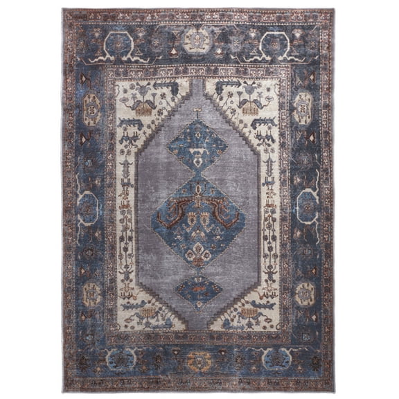 Feizy Percy Transitional Medallion, Blue/Brown/Ivory, 1'6" x 1'6" Swatch Easy Care Fade Resistant Sheen Bohemian & Eclectic Distressed Design Carpet for Living Dining Bed Room