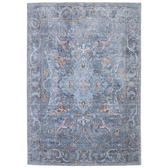 Feizy Percy Transitional Medallion, Blue/Gray/Orange, 7'10" x 9'10" Area Rug Easy Care Fade Resistant Sheen Bohemian & Eclectic Distressed Floor Rug for Living room Bedroom