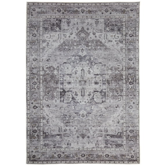 Feizy Percy Transitional Medallion, Gray/Ivory, 1'6" x 1'6" Swatch Easy Care Fade Resistant Sheen Rustic Distressed Design Carpet for Living Dining Bed Room