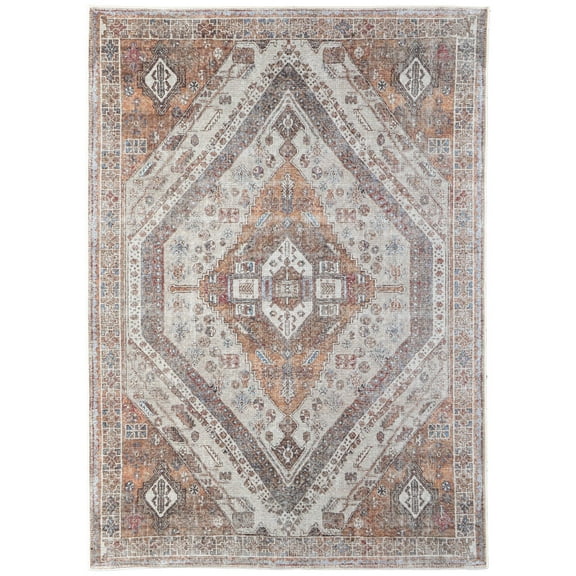 Feizy Percy Transitional Medallion, Ivory/Orange/Brown, 4' x 6' Accent Rug Easy Care Fade Resistant Sheen Bohemian & Eclectic Distressed Floor Rug for Living room Bedroom