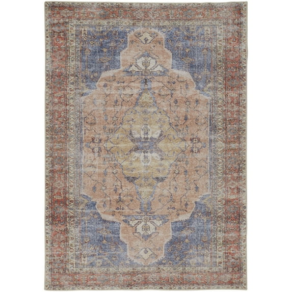 Feizy Percy Transitional Medallion, Red/Tan/Blue, 7'10" x 9'10" Area Rug Easy Care Fade Resistant Sheen Bohemian & Eclectic Distressed Floor Rug for Living room Bedroom