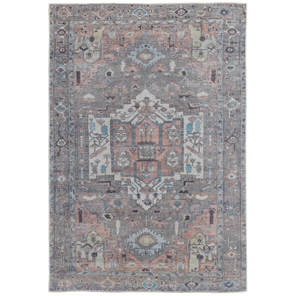 Feizy Percy Transitional Medallion, Taupe/Red/Brown, 5'3" x 7'6" Area Rug Easy Care Fade Resistant Sheen Bohemian & Eclectic Distressed Floor Rug for Living room Bedroom