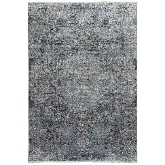 Feizy Sarrant Transitional Distressed, Gray/Silver/Ivory, 1'6" x 1'6" Swatch Sheen Casual Medallion Floor Rug for Living room Bedroom