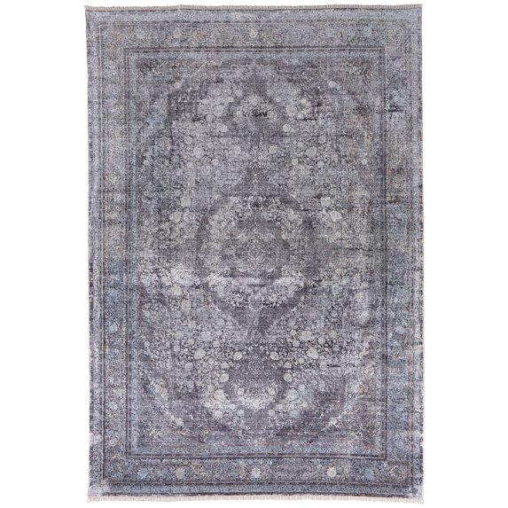 Feizy Sarrant Transitional Medallion, Gray/Silver/Ivory, 1'6" x 1'6" Swatch Sheen Bohemian & Eclectic Distressed Floor Rug for Living room Bedroom