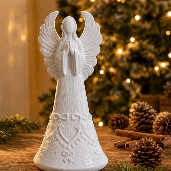 Feledorashia 7.87 Inch Praying Angel Figurine, White Resin Christmas Statue, Textured Winged Figure with Holly Base Accent, Serene Tabletop Decor for Mantel and Memorial Shelf