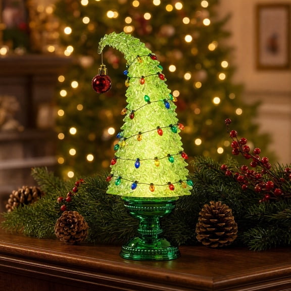 Feledorashia 9.84 Inch Glitter Christmas Tree, Lighted Tabletop Decoration, Green Swirl Tree with Rotating Sparkles and LED Glow, Cordless Holiday Accent for Console Desk Mantel or Shelf