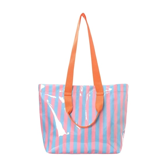 Feledorashia Beach Tote Bag, Waterproof Tote Bag, Large Capacity Striped PVC Shoulder Strap Tote, Lightweight Foldable Durable Travel Pool Beach Bag