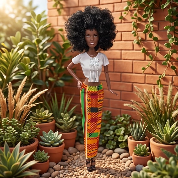 Feledorashia Black Fashion Doll, African American Doll, Curly Hair Posable Girl Figure for Dress Up Storytelling and Pretend Play, Traditional Print Outfit with Movable Arms and Legs