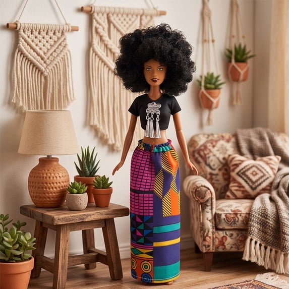 Feledorashia Black Fashion Doll, African American Doll, Curly Hair Posable Girl Figure for Dress Up Storytelling and Pretend Play, Traditional Print Outfit with Movable Arms and Legs