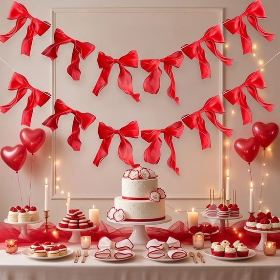 Feledorashia Bow Ribbon Garland, Party Bunting Decoration, Streamer for Wedding Birthday Shower Anniversary Wall Backdrop Table and Decor, Preassembled Fabric Bows with Continuous Cord and Shape