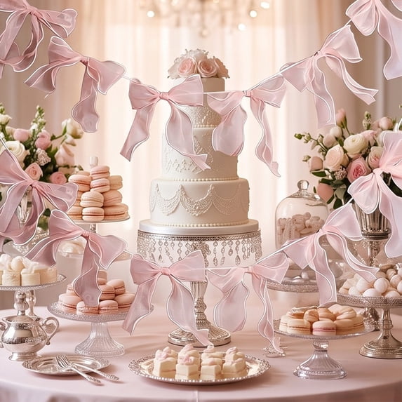 Feledorashia Bow Ribbon Garland, Party Bunting Decoration, Streamer for Wedding Birthday Shower Anniversary Wall Backdrop Table and Decor, Preassembled Fabric Bows with Continuous Cord and Shape