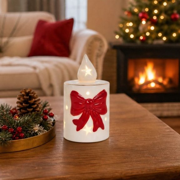 Feledorashia Christmas Ceramic Bow Light, Christmas Tabletop Light, Christmas Accent for Mantel Shelf Table Counter Nightstand and, Ceramic and Lighting Components with Bow-Shaped Candle Form
